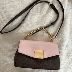 Michael Kors Pink and Brown Crossbody Bag with Gold Chain